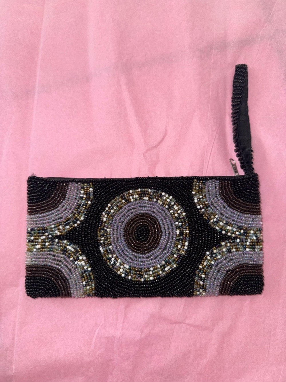 Beaded Black Evening Wristlet Clutch with Lavender and Metallic Accents